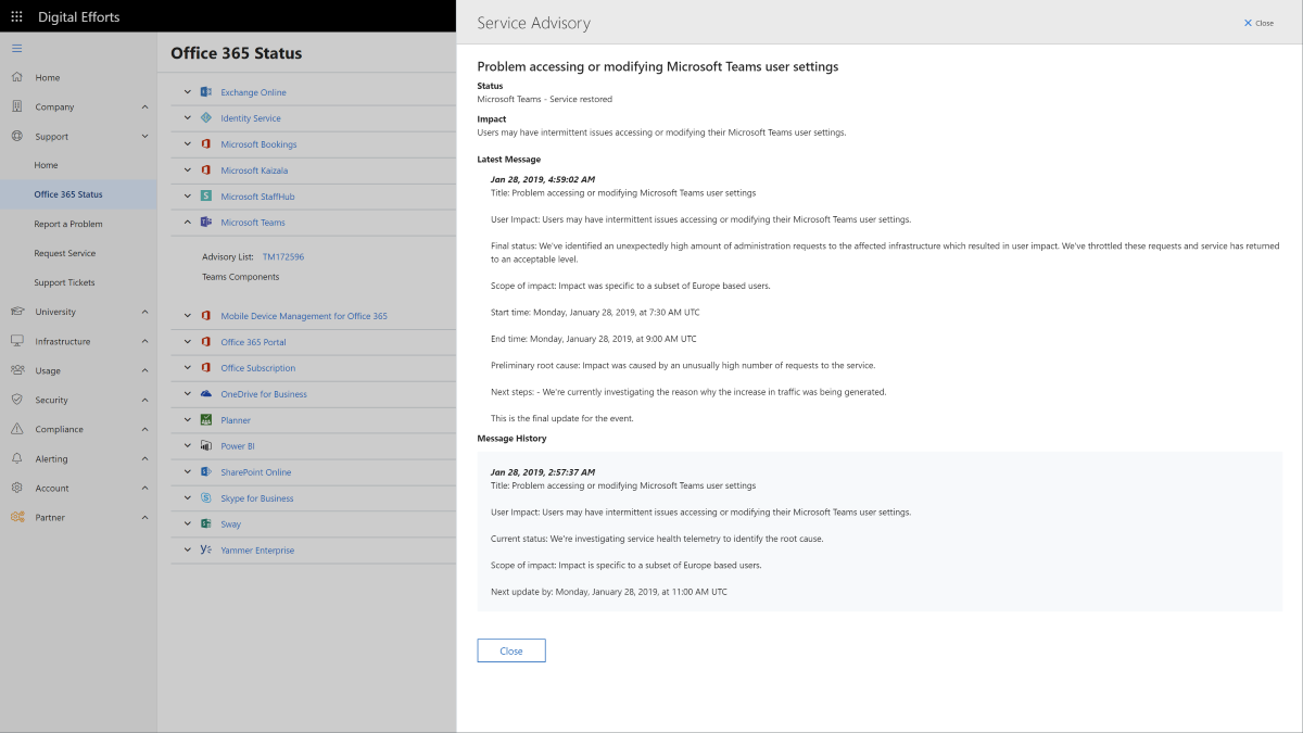 Allow Tenants and Clients to view Office 365 Status Before Submitting Unnecessary Tickets